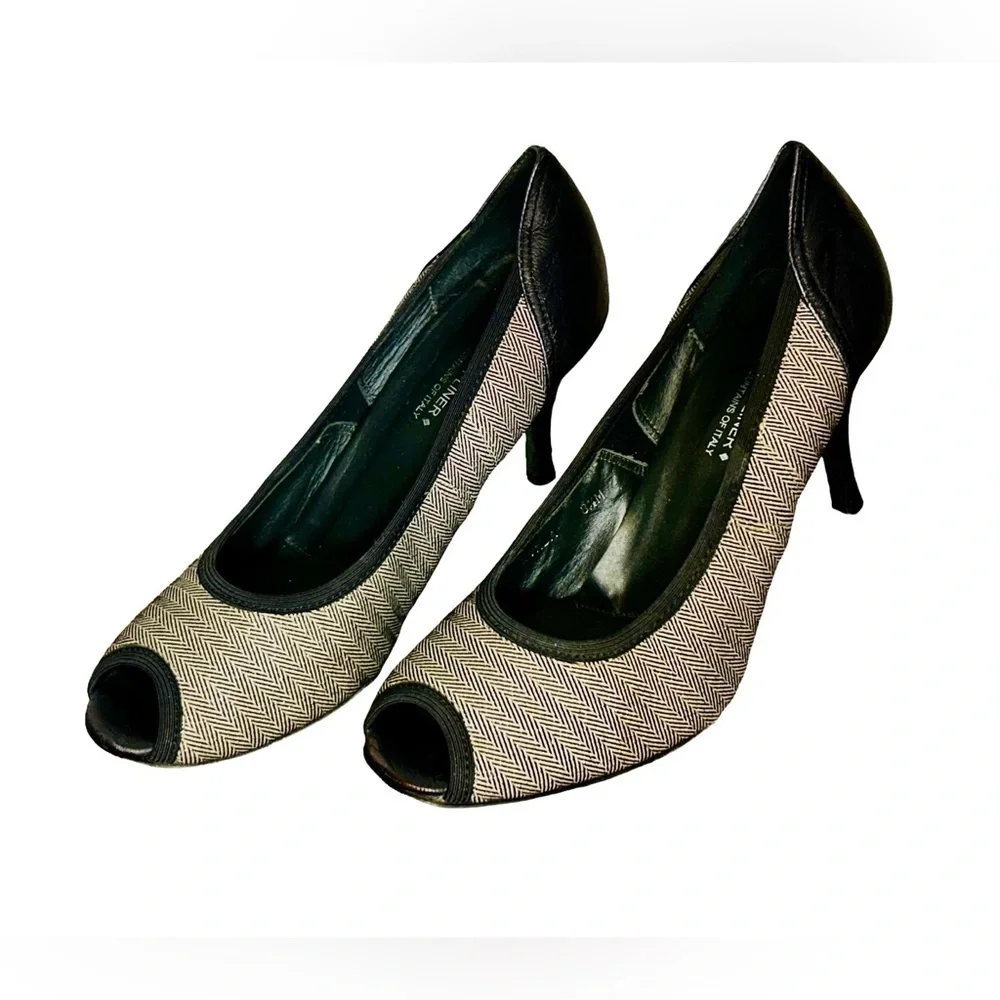 Italian Couture Donald J. Pliner Designer Black & Tan Peep-Toe Heels, 8 1/2 M